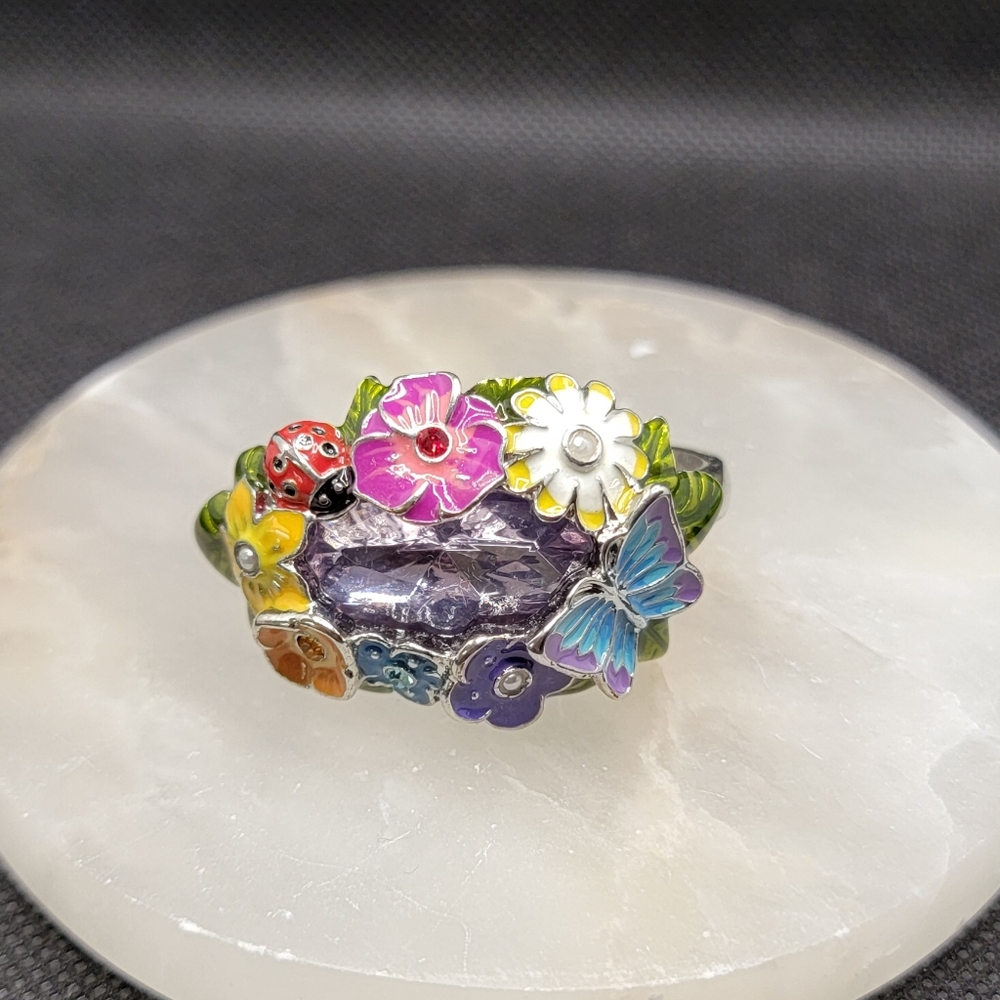 Vintage Art Nouveau Textured Flowers Lovely Garden Double Finger Ring | Avon Y2K